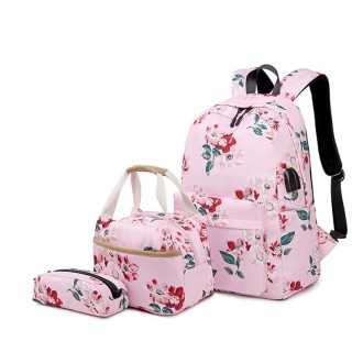 1916-1 3 PCS / Set Printed USB Backpack Student School Bag(Pink)