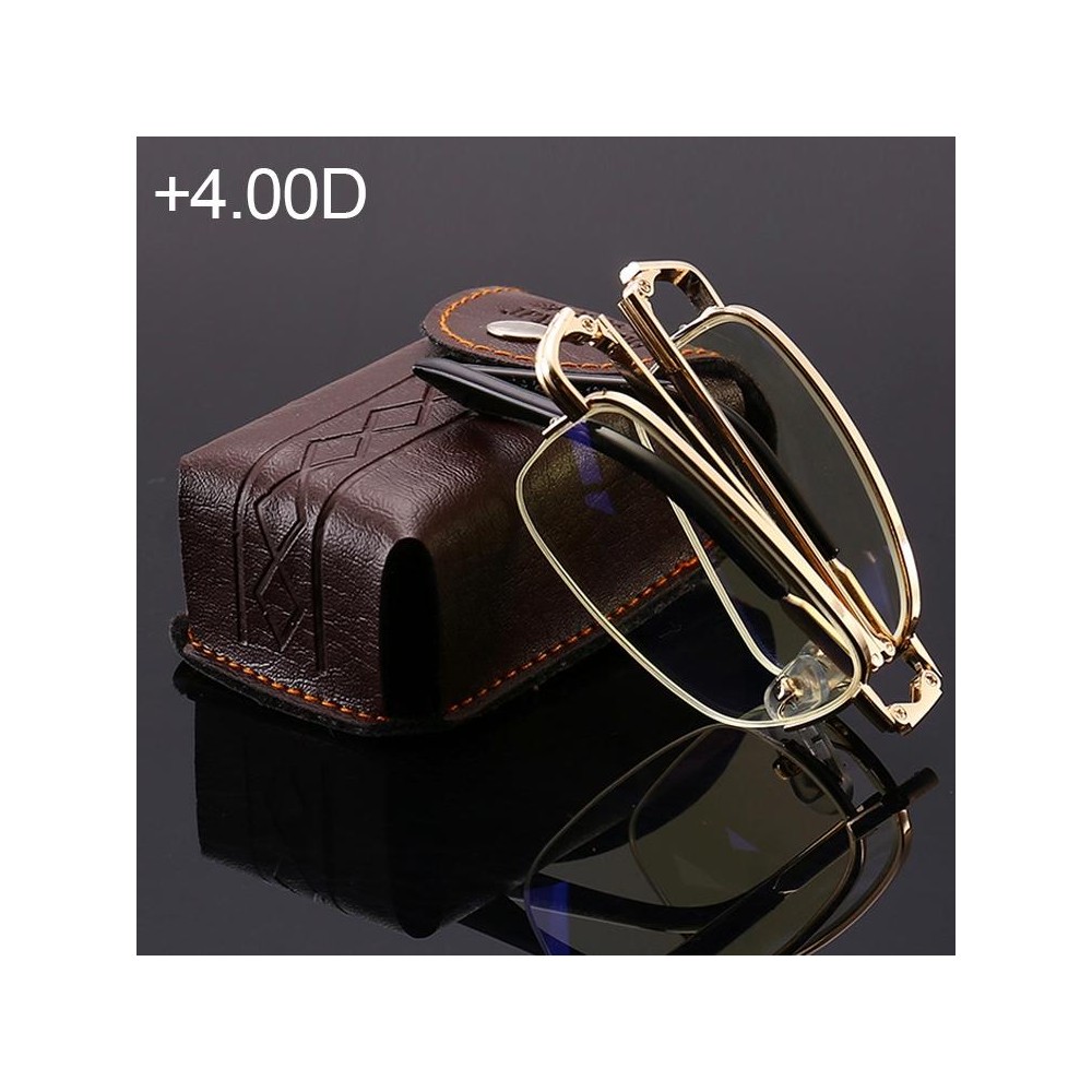 Folding Anti Blue-ray Presbyopic Reading Glasses with Case & Cleaning Cloth, +4.00D(Gold)