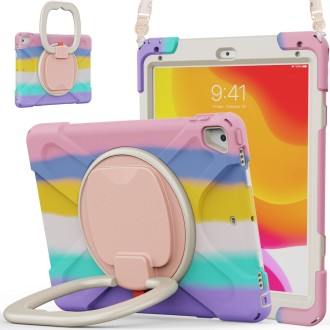 For iPad 9.7 inch (2018/2017) Silicone + PC Protective Case with Holder & Shoulder Strap(Colorful Pink)