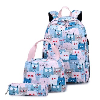 3 PCS / Set 2035 Printed Backpack Large-Capacity Leisure Computer Backpack Student School Bag(Pink)