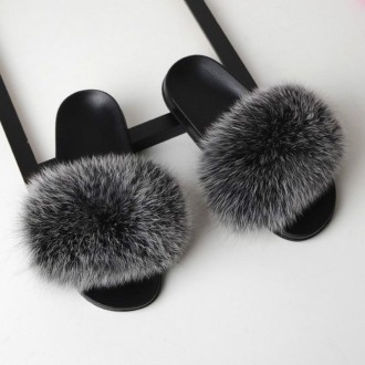 Fox Fur Slippers Flip-flops Non-slip Flat Fur Shoes Sandals for Women, Shoe Size:36-37(23cm)(Black Cream)