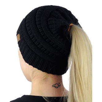 CC Letter Ponytail Cap Knitting Hat for Ladies(Black)