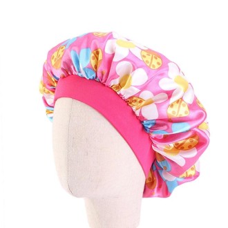 K-14 Children Printed Satin Nightcap Adjustable Stretch Hair Care Hat Shower Cap, Size: One Size(Small Flower Deep Pink)