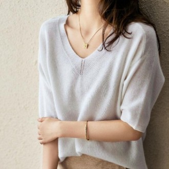 V-neck Cardigan Half-sleeve Sweater Knitted T-shirt (Color:Milk White Size:One Size)