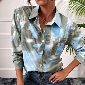 Women Tie-dye Long Sleeved Shirt (Color:Green Size:S)