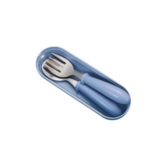 3 PCS/ Set 304 Stainless Steel Spoon and Fork Box Cute Baby Kindergarten Tableware Set(Blue)