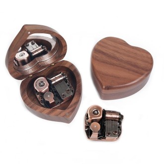 Wooden Heart Shape With Mirror Music Box Ornaments, Color: Walnut-Red Ancient Copper Movement