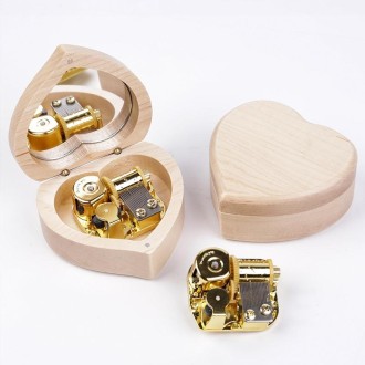 Wooden Heart Shape With Mirror Music Box Ornaments, Color: Maple-Gold-plated Movement