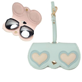 Cute And Funny PU Sunglasses Case Portable Glasses Case With Hanging Buckle, Colour: Blue Double Heart