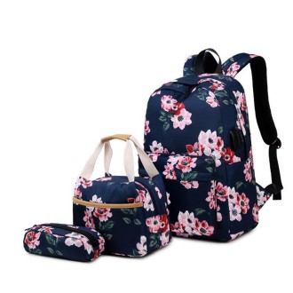 1916-1 3 PCS / Set Printed USB Backpack Student School Bag(Black)