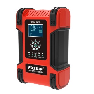 FOXSUR 12A / 12V / 24V Car / Motorcycle 7-stage Lead-acid Battery AGM Charger, Plug Type:JP Plug(Red)