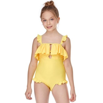 Solid Color Ruffled Sling Baby Girls One-piece Swimsuit (Color:Yellow Size:152)