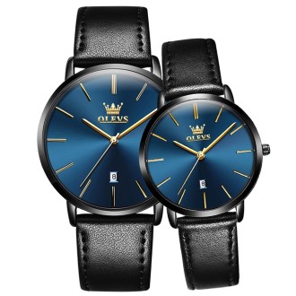 OLEVS 5869 1 Pair Couple Waterproof Genuine Leather Strap Quartz Watch(Blue + Black)