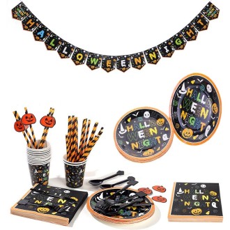 24 Person Set Halloween Party Decoration Tableware Set Tablecloth Paper Plate Banner Without Straw