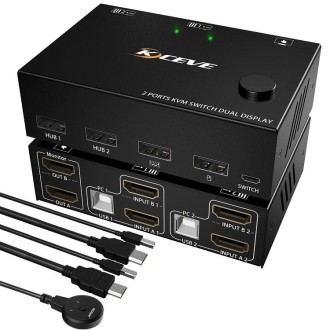 KC-KVM202 430HZ Dual Screen Extension Replication Dual Channel HDMI Different Display  KVM Switch(Black)