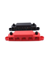 CP-4123 1 Pair RV Yacht M8 Single Row 5-way Power Distribution Block Busbar with Cover(Black + Red)