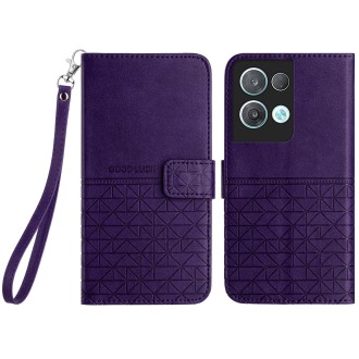 For OPPO Reno8 Pro Rhombic Texture Leather Phone Case with Lanyard(Purple)