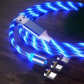 3 in 1 USB to 8 Pin + Type-C / USB-C + Micro USB Magnetic Absorption Colorful Streamer Charging Cable, Length: 1m(Blue Light)