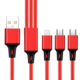 2 PCS ZZ034 USB To 8 Pin + USB-C / Type-C + Micro USB 3 In 1 Fast Charging Cable, Style: Mini-Red