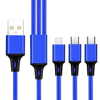 2 PCS ZZ034 USB To 8 Pin + USB-C / Type-C + Micro USB 3 In 1 Fast Charging Cable, Style: Mini-Blue