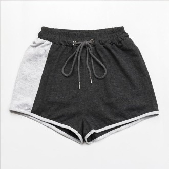 Ladies Contrasting Color Drawstring Sports Casual Shorts (Color:Dark Grey Size:S)