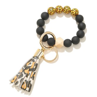 2 PCS Wooden Bead Frosted Bracelet Key Chain Pendant(Orange Leopard Pattern)