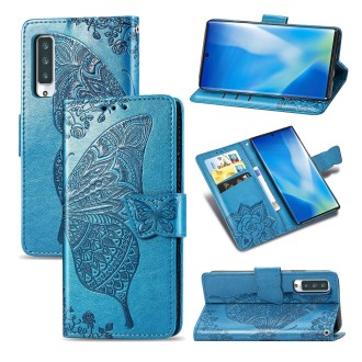 For Arrows NX9 F-52A Butterfly Love Flower Embossed Horizontal Flip Leather Case with Bracket / Card Slot / Wallet / Lanyard(Blu