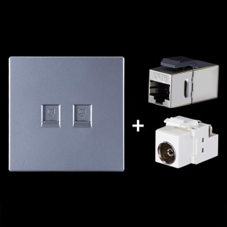 CAT.6 Shielded Pass-through Network Module, Dual Ports Panel + Shielded Pass-through + TV Socket (Grey)