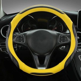 Leather Carbon Fiber Stitching Car Steering Wheel Set, Diameter: 38cm(Black Yellow Round)