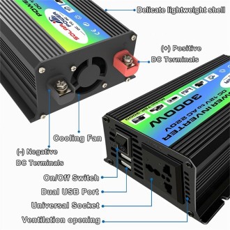 Tang I Generation 12V to 220V 3000W Intelligent Car Power Inverter with Dual USB(Black)