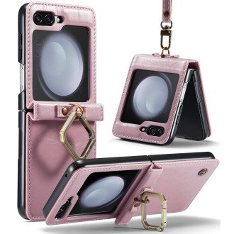 For Samsung Galaxy Z Flip5 CaseMe 003 PU + PC Business Style Crazy Horse Texture Ring Leather Phone Case with Lanyard(Pink)