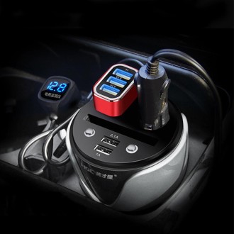 HSC YC-19D Car Cup Charger 2.1A/1A Dual USB Ports Car 12V-24V Charger with 2-Socket Cigarette, Card Socket and LED Display(Silve