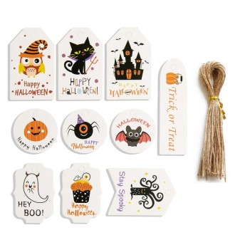 2 Sets Halloween Hangtag Gift Bag Candy Box Decorative Hangtag,Spec: 50 Hangtags+50pcs Hemp Rope