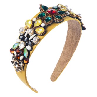 Stained Glass Inlaid Glass Diamond Pearl Headband(Yellow)