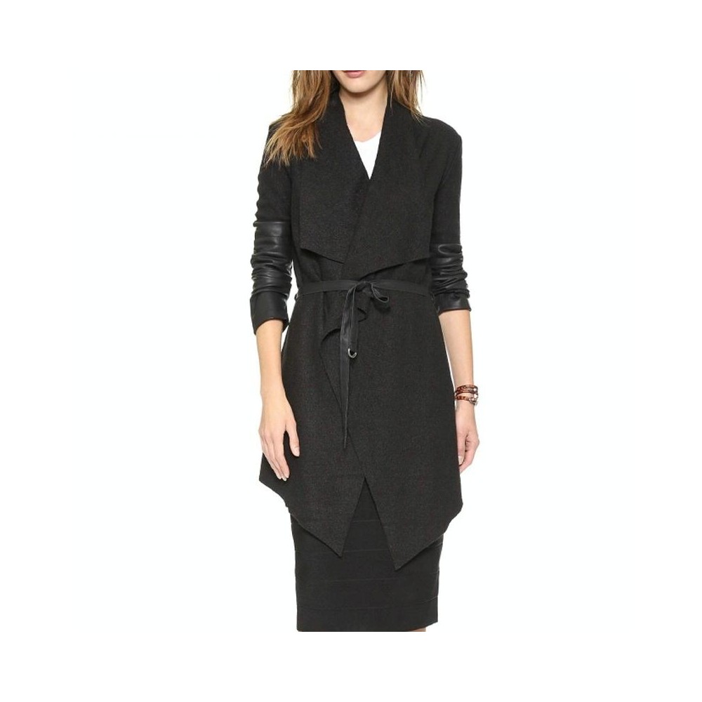 Splicing Sleeves Bandwidth Loose Collar Woolen Coat (Color:Black Size:XL)