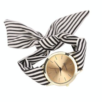 Women Fashion Striped Fabric Strap Quartz Watch(Black)