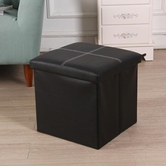 Leather Storage Box Creative Crossline Folding Sofa Bench(Black)