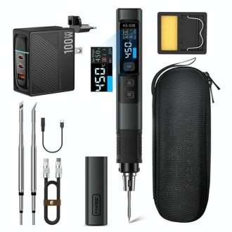 FNIRSI Portable Constant Temperature Soldering Iron Set, Model: HS-02B Upgrade 3 Head+C2C Line+100W US Plug+EU Adapter