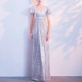 Long Elegant Fishtail Banquet Host Evening Dress, Size:XL(Silver)