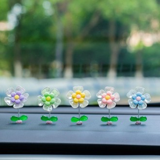 5pcs /Set Cute Cartoon Flower Car Shaking Ornament Car Dashboard Decoration, Style: Dark Color Green Leaf