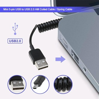 Mini 5-pin USB to USB 2.0 AM Coiled Cable / Spring Cable, Length: 25cm (can be extended up to 80cm)(Black)