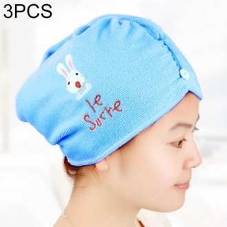 3 PCS Cute Cartoon Rabbit Thick Microfiber Absorbent Dry Hair Cap(Blue)