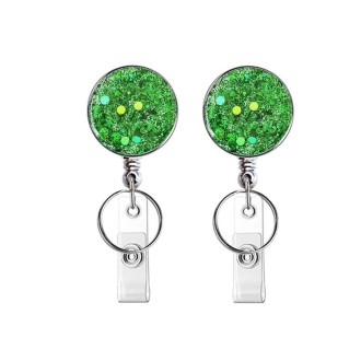 2pcs  Diamond Glitter Sequins Retractable Pull Badge Reel Name Tag Card Badge Holder(Green)