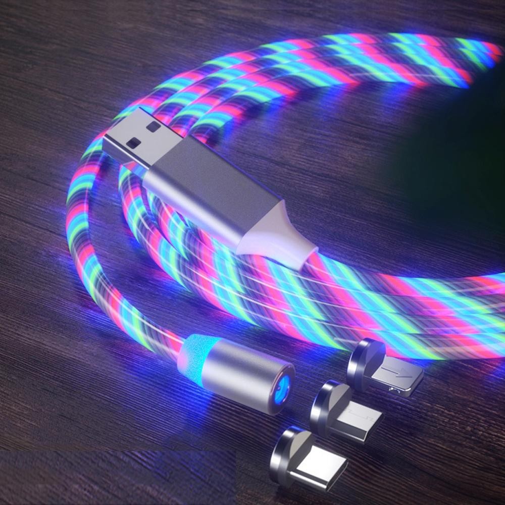 3 in 1 USB to 8 Pin + Type-C / USB-C + Micro USB Magnetic Absorption Colorful Streamer Charging Cable, Length: 1m(Color Light)