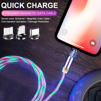 3 in 1 USB to 8 Pin + Type-C / USB-C + Micro USB Magnetic Absorption Colorful Streamer Charging Cable, Length: 1m(Color Light)