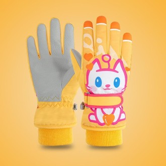 Cartoon Cat Pattern Girls Cute Cotton Gloves Children Ski Windproof and Warm Gloves Non-Slip and Waterproof Riding Gloves, Size: