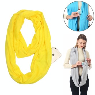 Women Solid Winter Infinity Scarf Pocket Loop Zipper Pocket Scarves (Yellow)