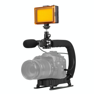 PULUZ U/C Shape Portable Handheld DV Bracket Stabilizer + LED Studio Light + Video Shotgun Microphone Kit with Cold Shoe Tripod 