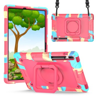 For Samsung Galaxy Tab S7+ / S8+ / S7 FE Silicone + PC Bracelet Holder Tablet Case(Camouflage + Rose Red)