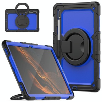 For Samsung Galaxy Tab S8 Ultra Shoulder Strap Silicone + PC Tablet Case(Black Blue)